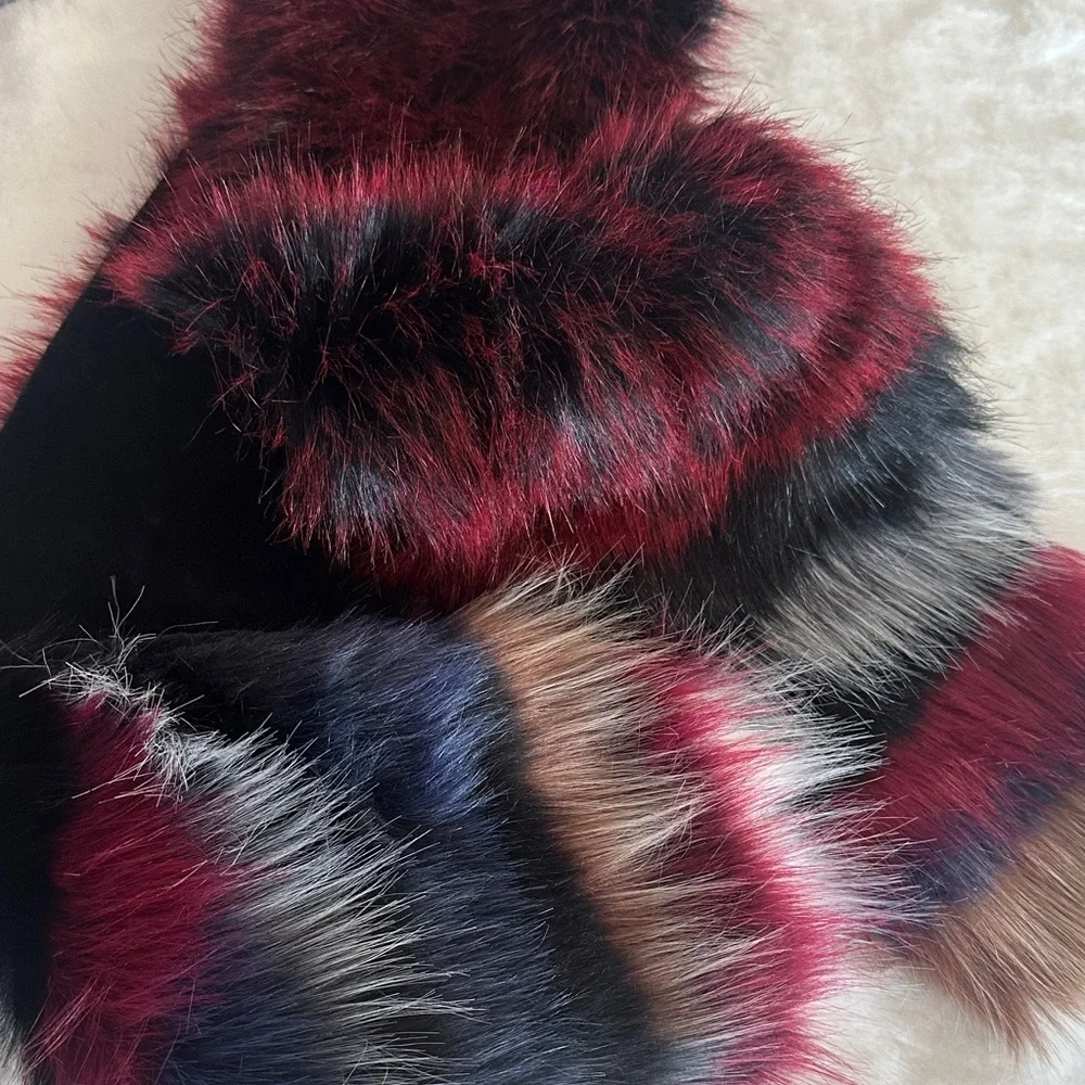 LOFT Burgundy, Blue & Black Faux Fur Scarf Size ~48L